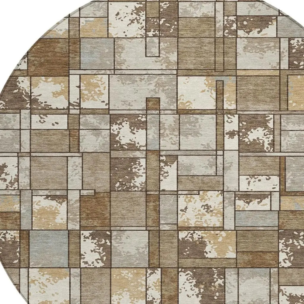 8' Brown And Beige Round Geometric Washable Indoor Outdoor Area Rug Homeroots Outdoor