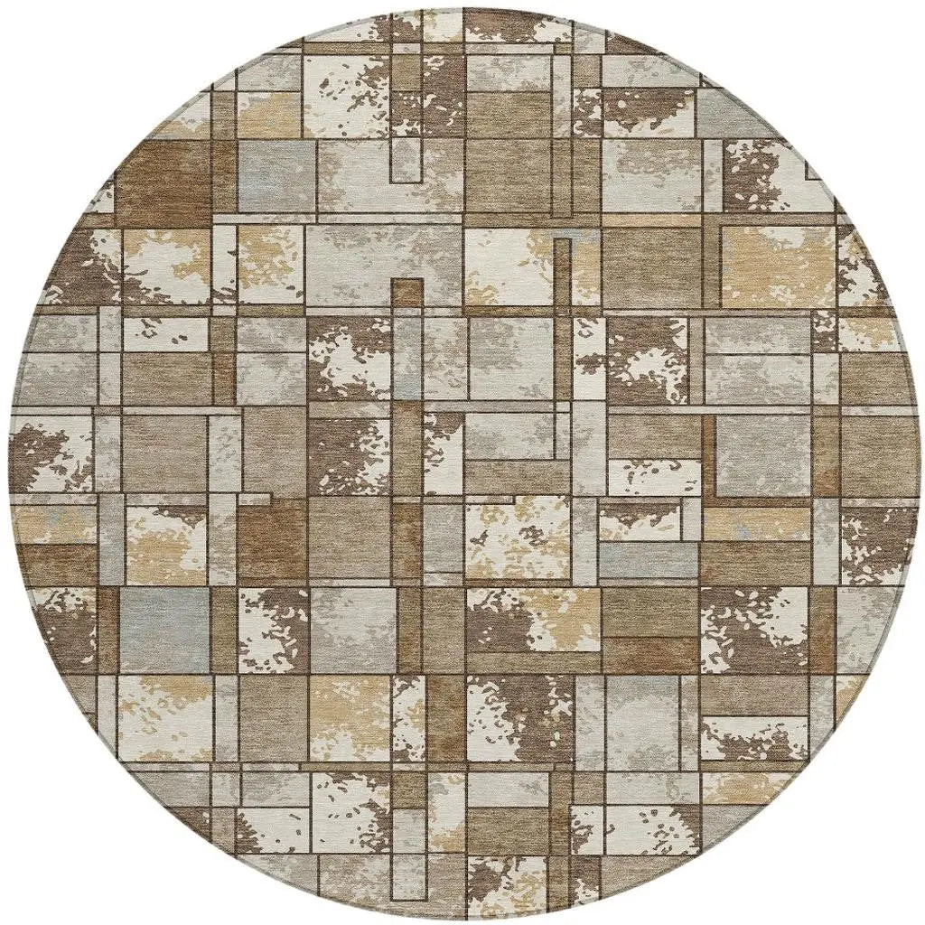 8' Brown And Beige Round Geometric Washable Indoor Outdoor Area Rug Homeroots Outdoor
