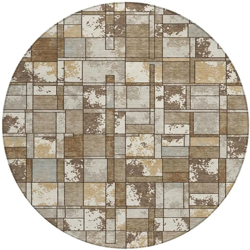 8' Brown And Beige Round Geometric Washable Indoor Outdoor Area Rug Homeroots Outdoor