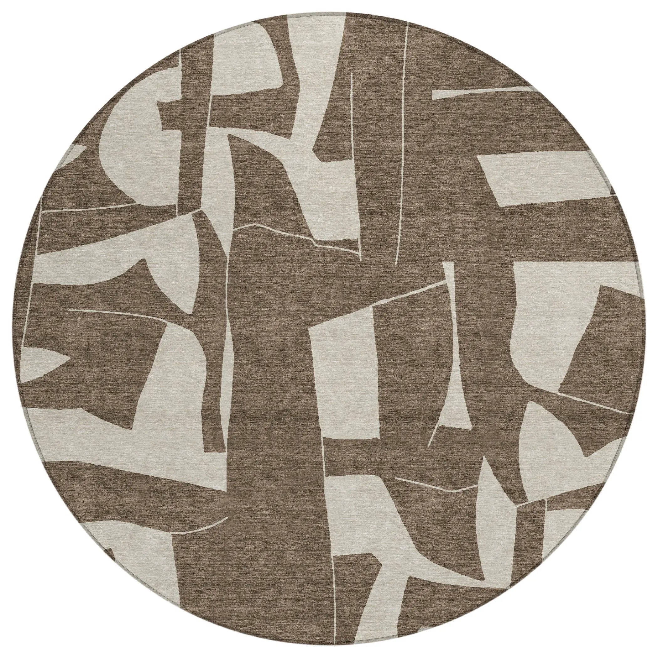 8' Brown And Beige Round Geometric Washable Indoor Outdoor Area Rug Homeroots Outdoor