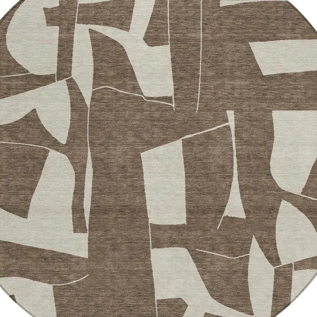 8' Brown And Beige Round Geometric Washable Indoor Outdoor Area Rug Homeroots Outdoor