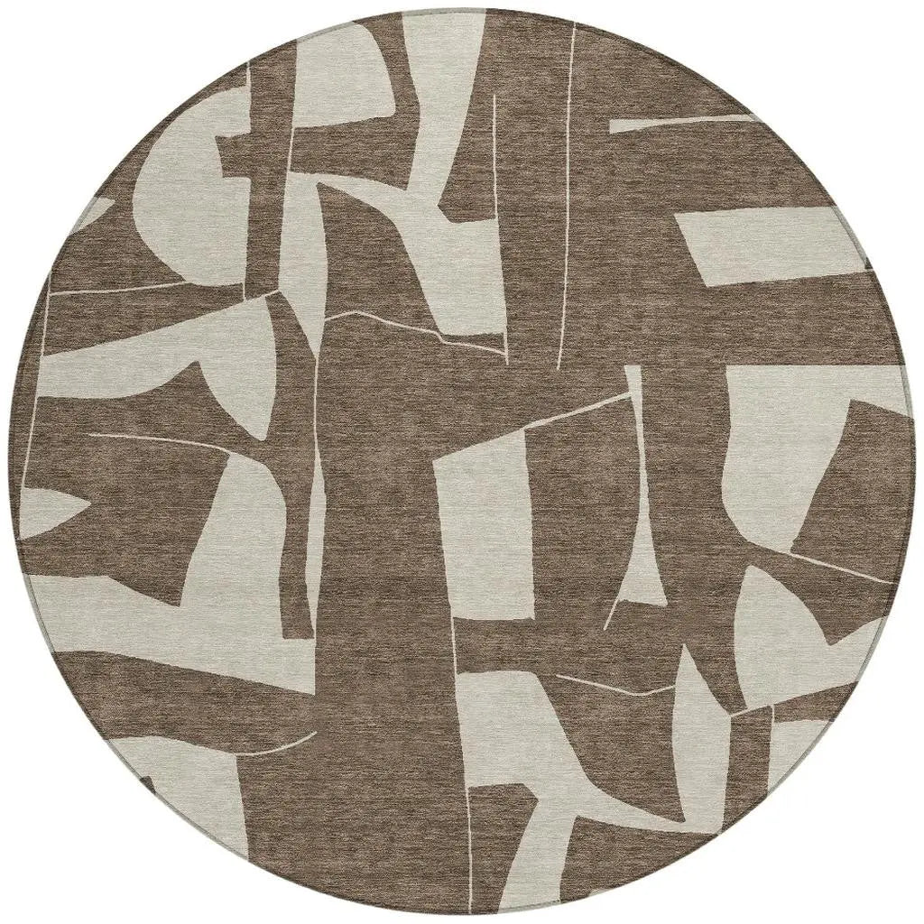 8' Brown And Beige Round Geometric Washable Indoor Outdoor Area Rug Homeroots Outdoor