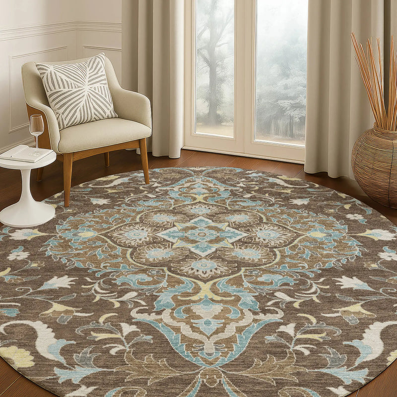 8' Brown And Beige Round Medallion Washable Indoor Outdoor Area Rug Homeroots Outdoor