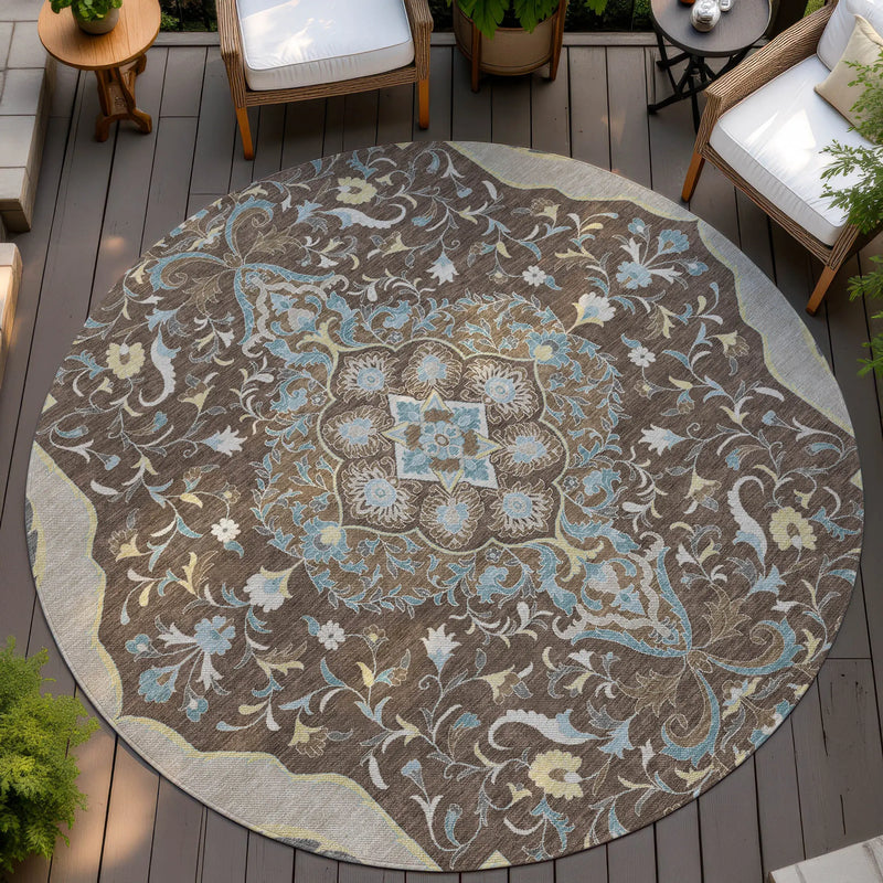8' Brown And Beige Round Medallion Washable Indoor Outdoor Area Rug Homeroots Outdoor