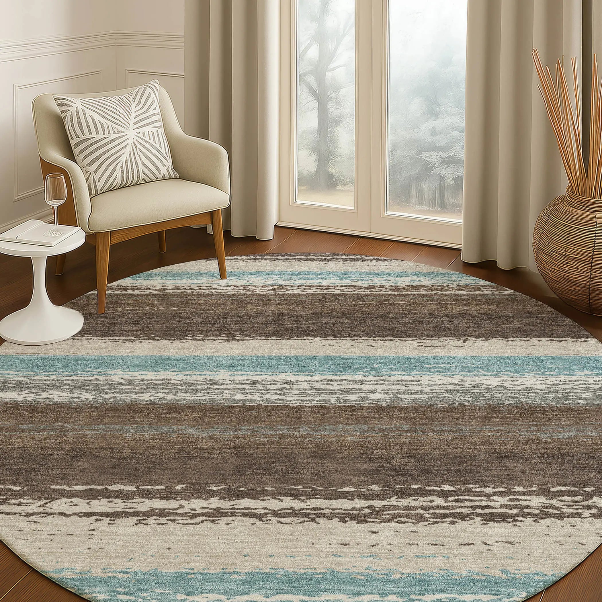 8' Brown And Beige Round Striped Washable Indoor Outdoor Area Rug Homeroots Outdoor