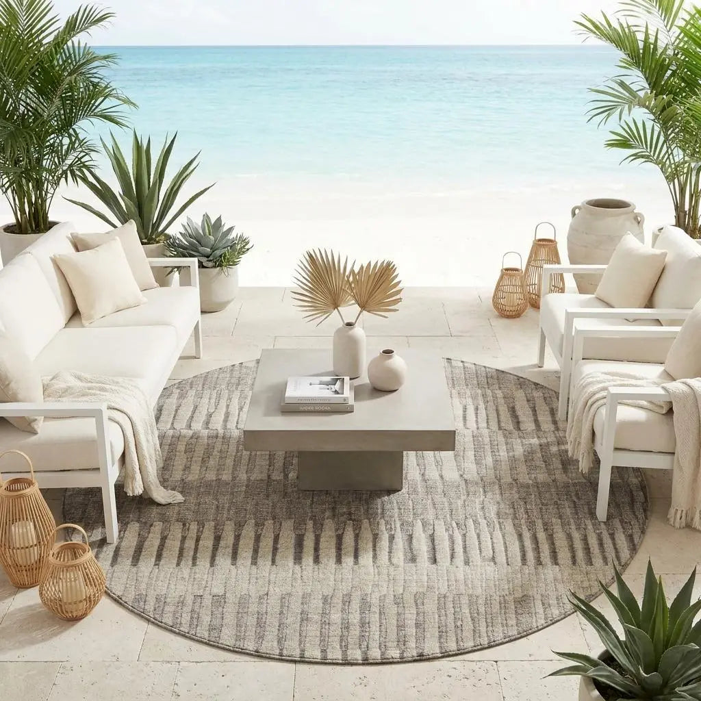 8' Brown And Beige Round Striped Washable Indoor Outdoor Area Rug Homeroots Outdoor