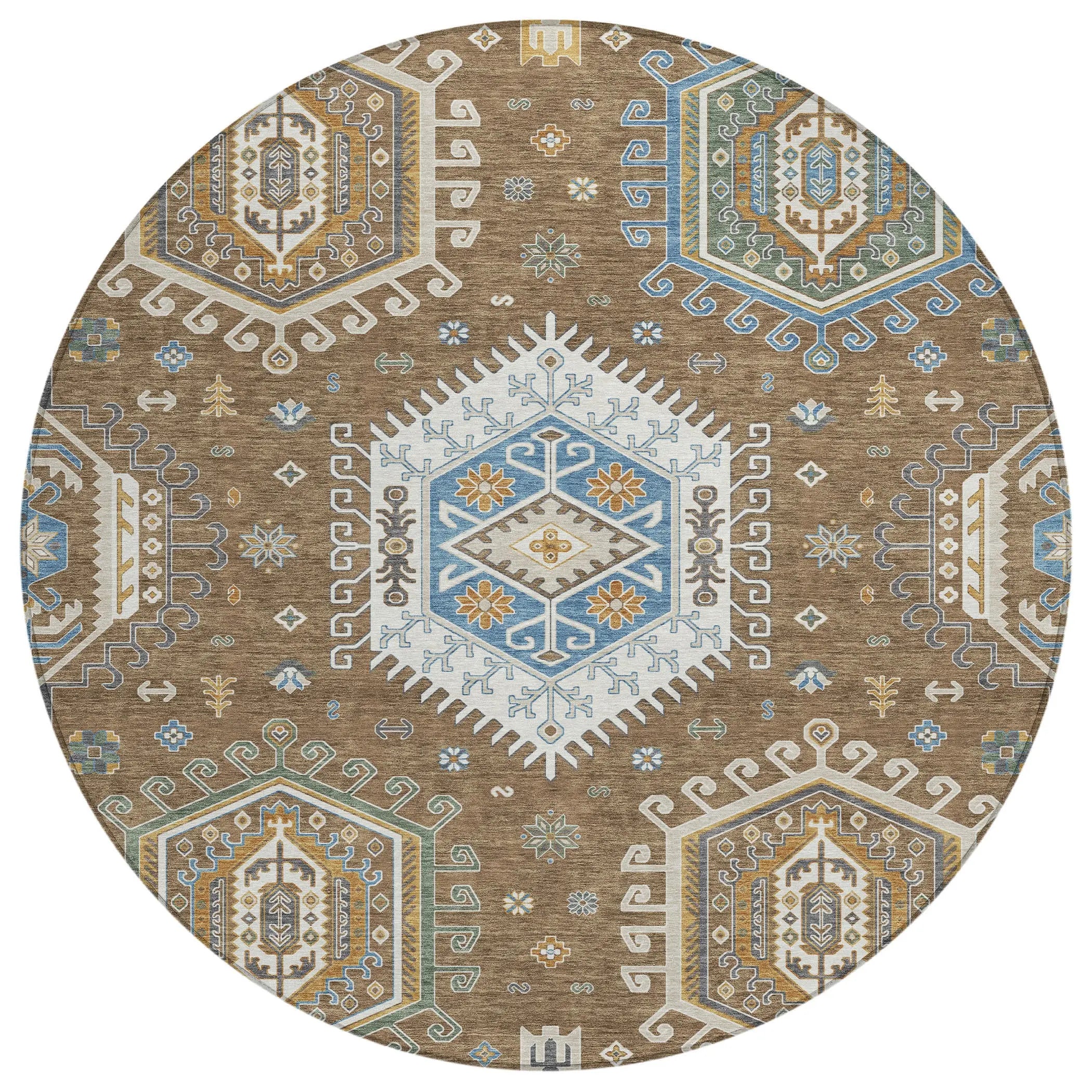 8' Brown And Beige Round Tribal Washable Indoor Outdoor Area Rug Homeroots Outdoor