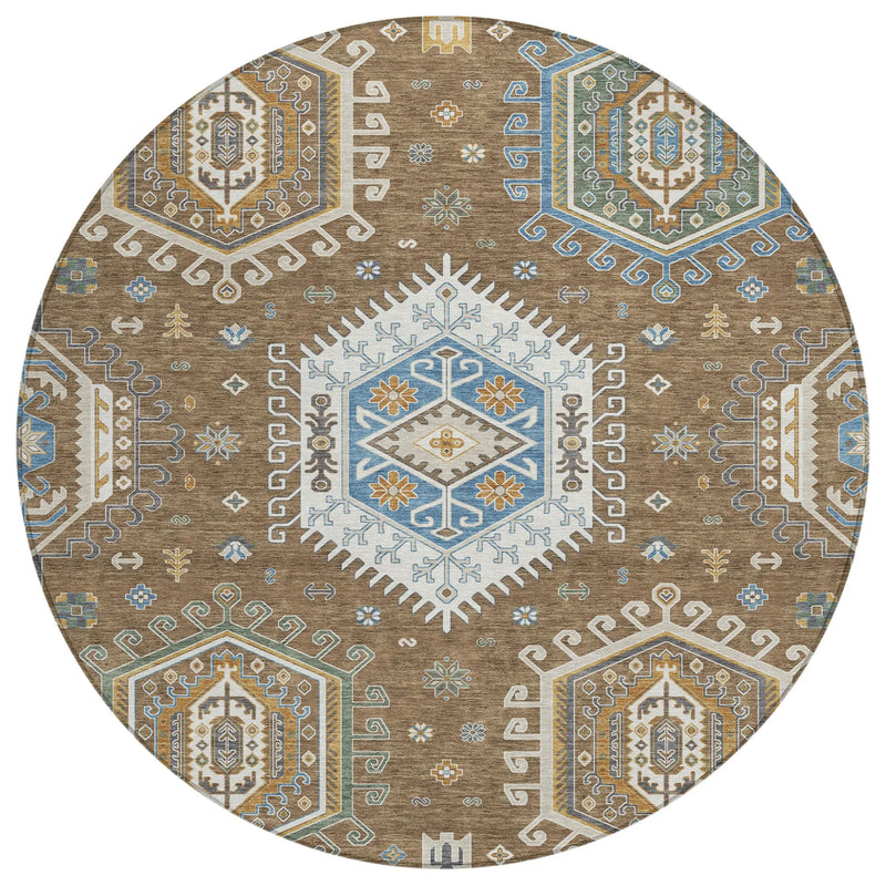 8' Brown And Beige Round Tribal Washable Indoor Outdoor Area Rug Homeroots Outdoor