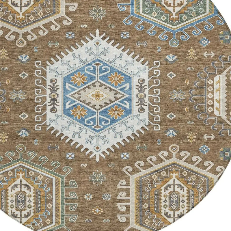 8' Brown And Beige Round Tribal Washable Indoor Outdoor Area Rug Homeroots Outdoor