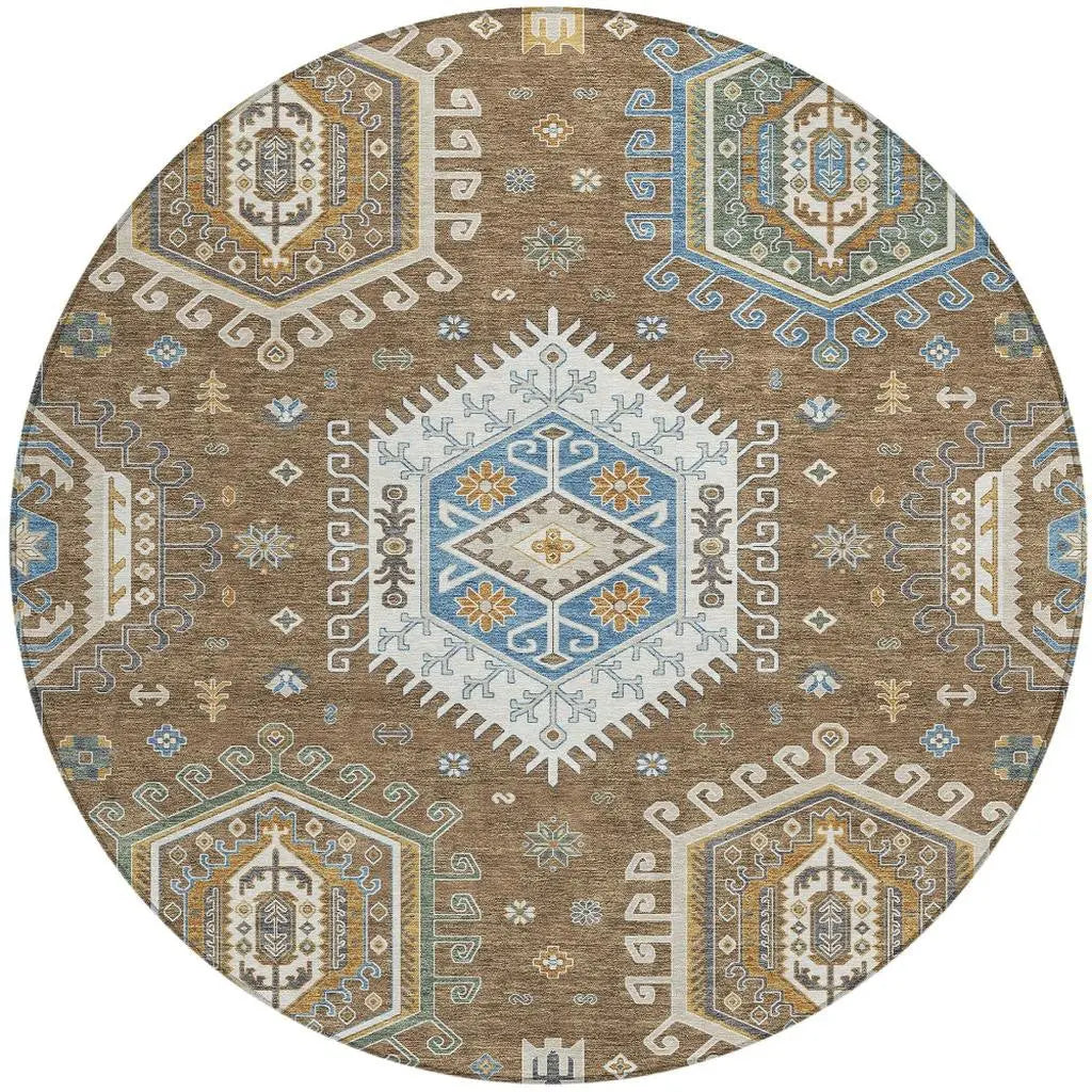 8' Brown And Beige Round Tribal Washable Indoor Outdoor Area Rug Homeroots Outdoor