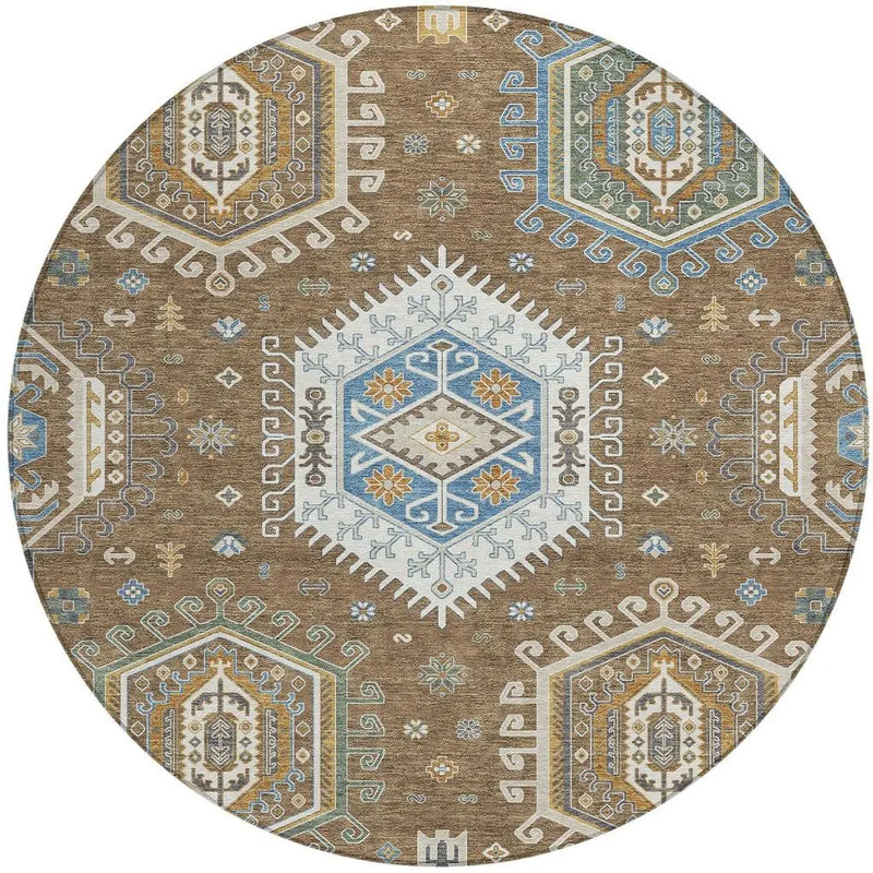 8' Brown And Beige Round Tribal Washable Indoor Outdoor Area Rug Homeroots Outdoor