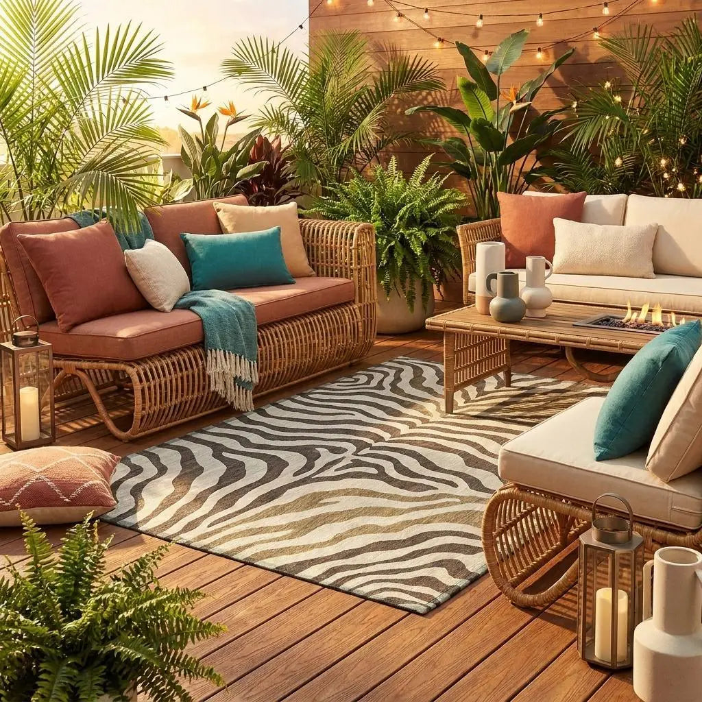 8' Brown And Beige Round Zebra Print Washable Indoor Outdoor Area Rug Homeroots Outdoor