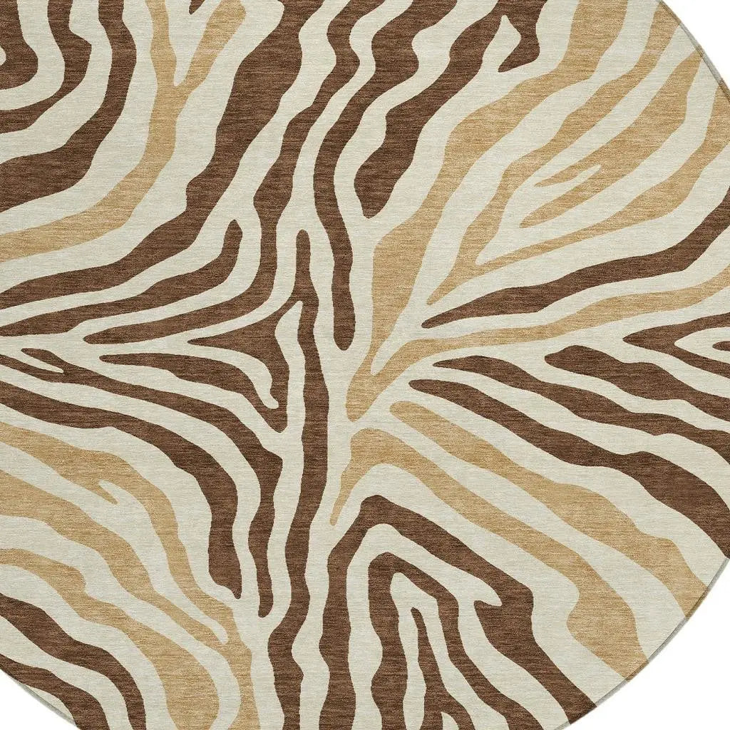 8' Brown And Beige Round Zebra Print Washable Indoor Outdoor Area Rug Homeroots Outdoor