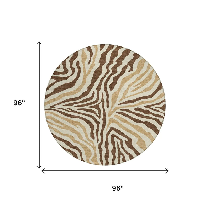 8' Brown And Beige Round Zebra Print Washable Indoor Outdoor Area Rug Homeroots Outdoor