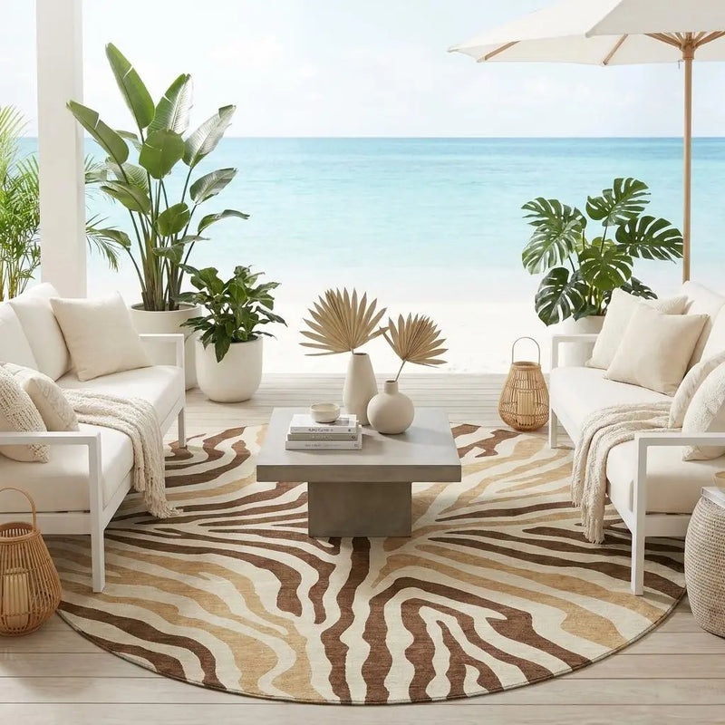 8' Brown And Beige Round Zebra Print Washable Indoor Outdoor Area Rug Homeroots Outdoor