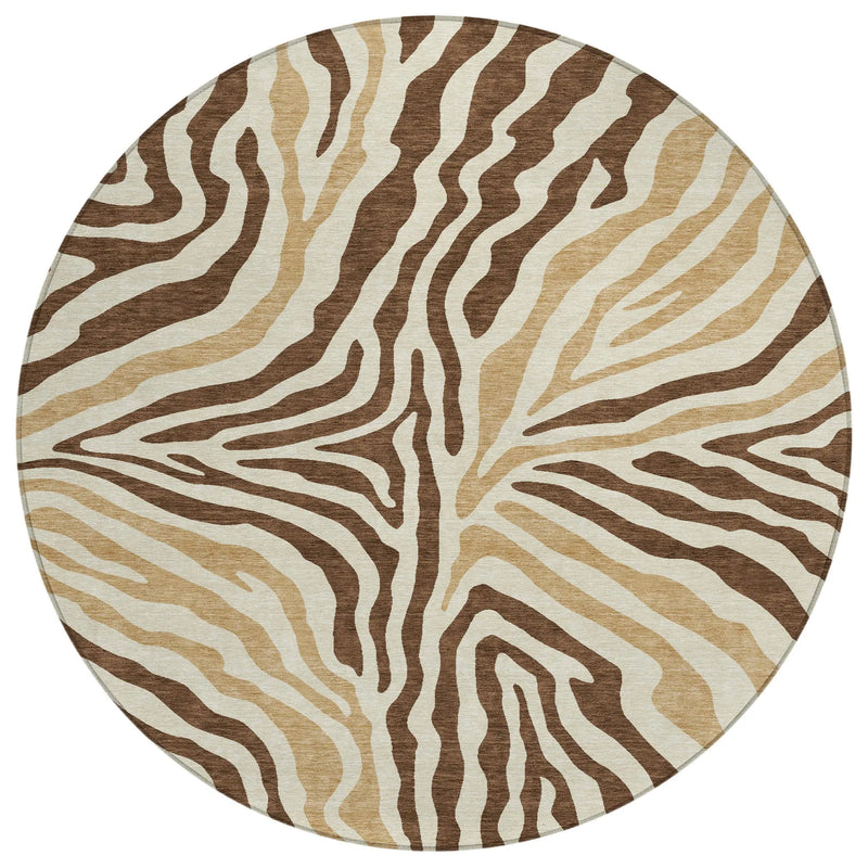 8' Brown And Beige Round Zebra Print Washable Indoor Outdoor Area Rug Homeroots Outdoor