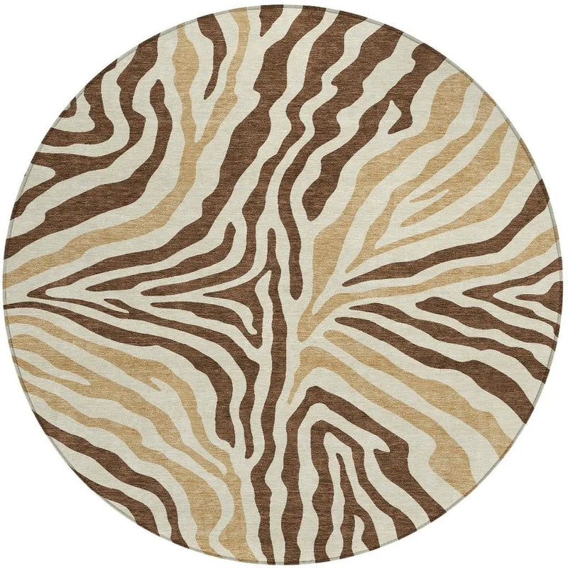 8' Brown And Beige Round Zebra Print Washable Indoor Outdoor Area Rug Homeroots Outdoor