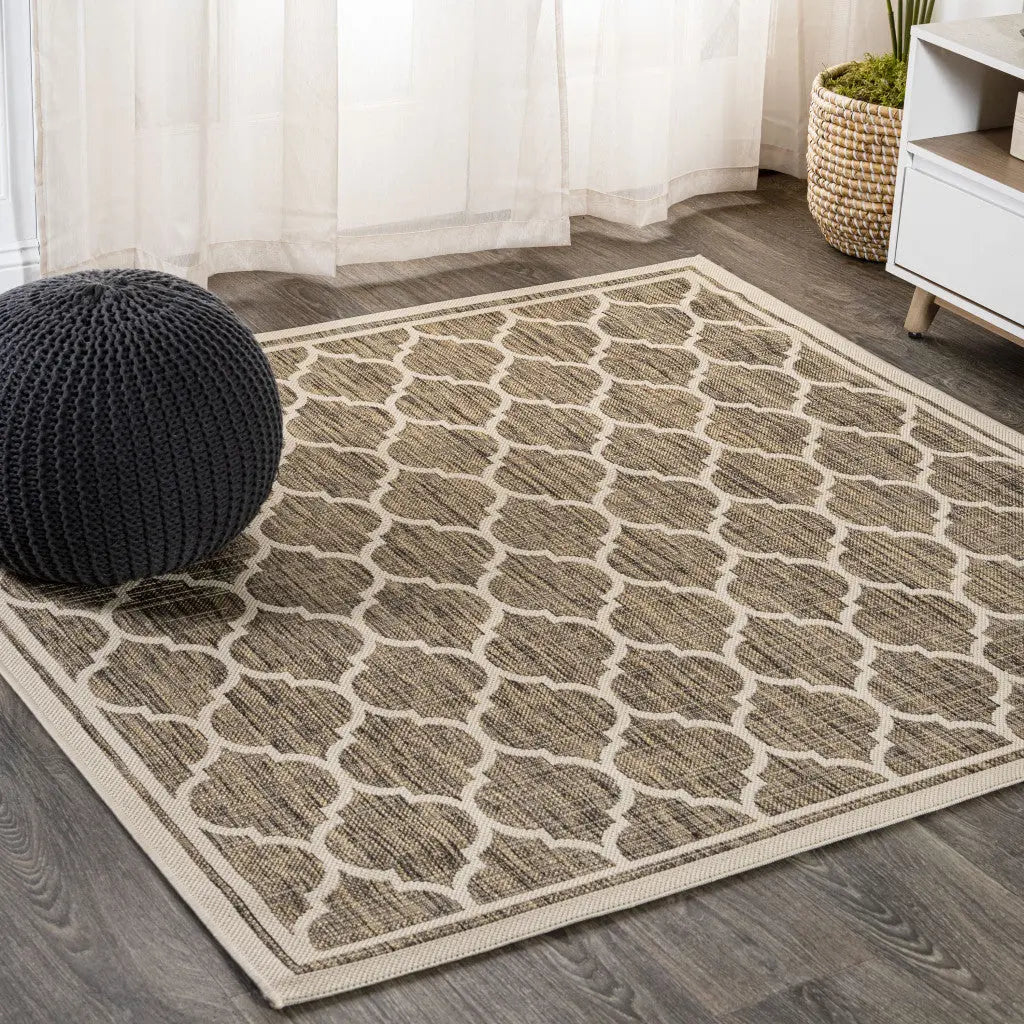 8' Brown And Beige Square Geometric Indoor Outdoor Area Rug - GreatEagleInc