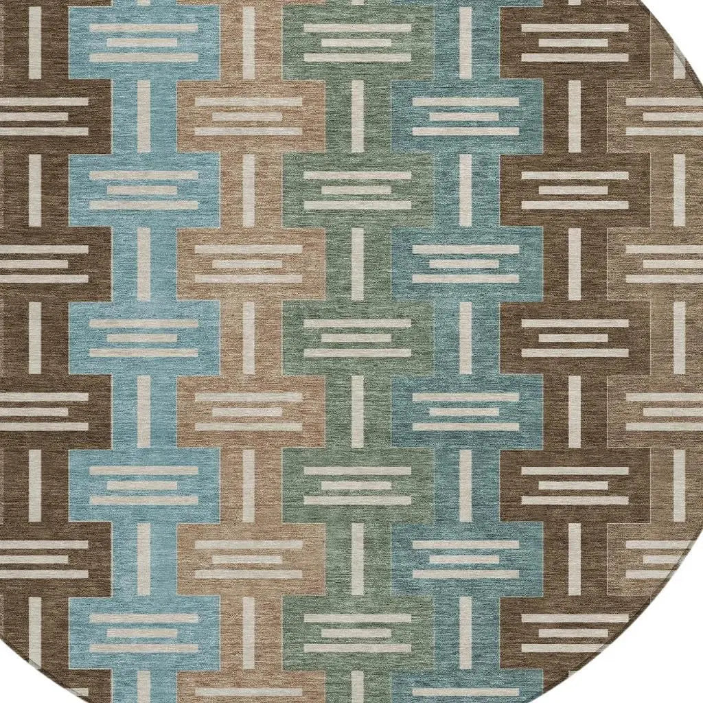 8' Brown And Chocolate Round Geometric Washable Indoor Outdoor Area Rug Homeroots Outdoor