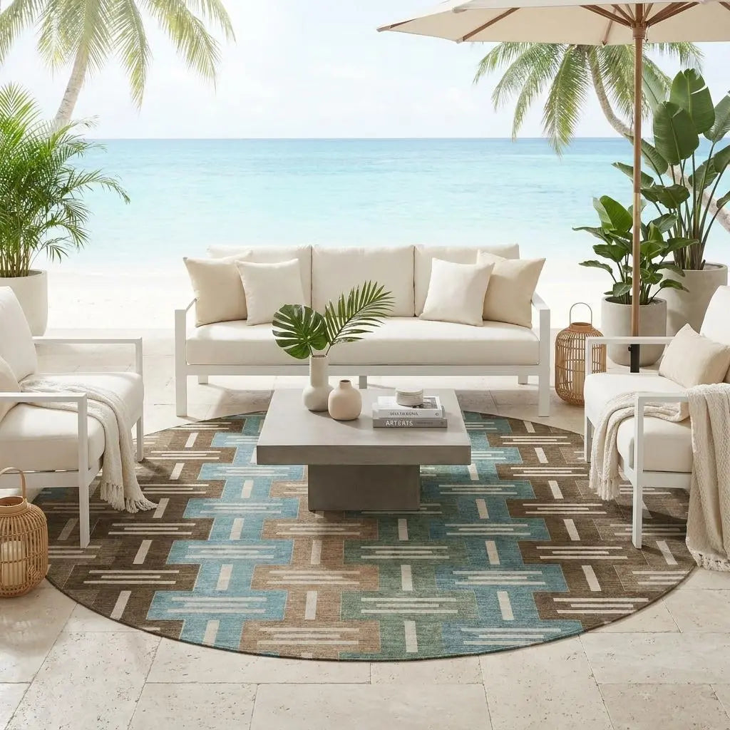 8' Brown And Chocolate Round Geometric Washable Indoor Outdoor Area Rug Homeroots Outdoor