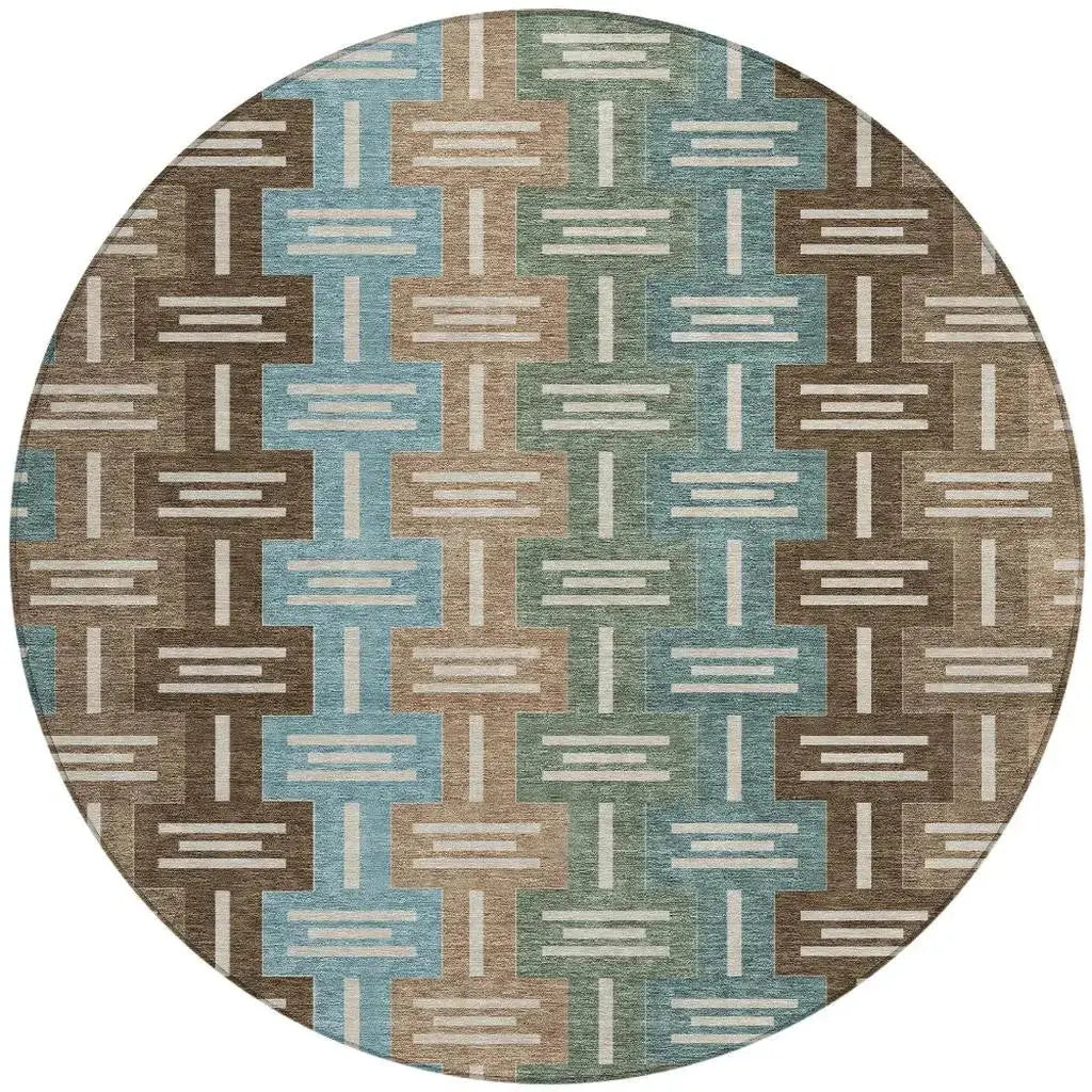 8' Brown And Chocolate Round Geometric Washable Indoor Outdoor Area Rug Homeroots Outdoor