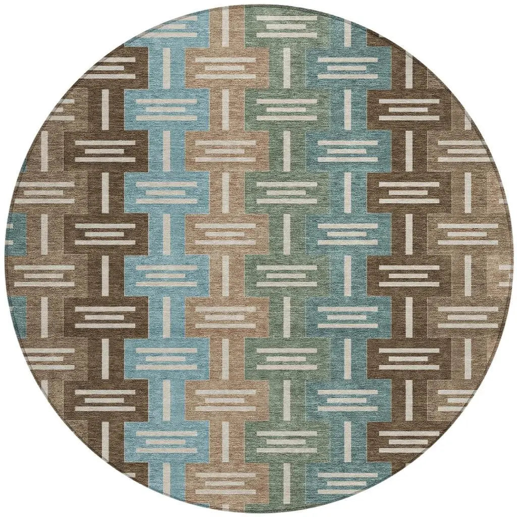 8' Brown And Chocolate Round Geometric Washable Indoor Outdoor Area Rug Homeroots Outdoor