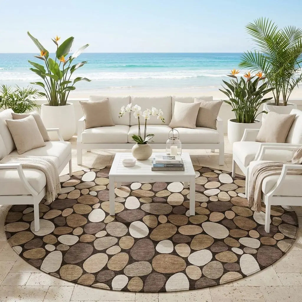 8' Brown And Chocolate Round Geometric Washable Indoor Outdoor Area Rug Homeroots Outdoor
