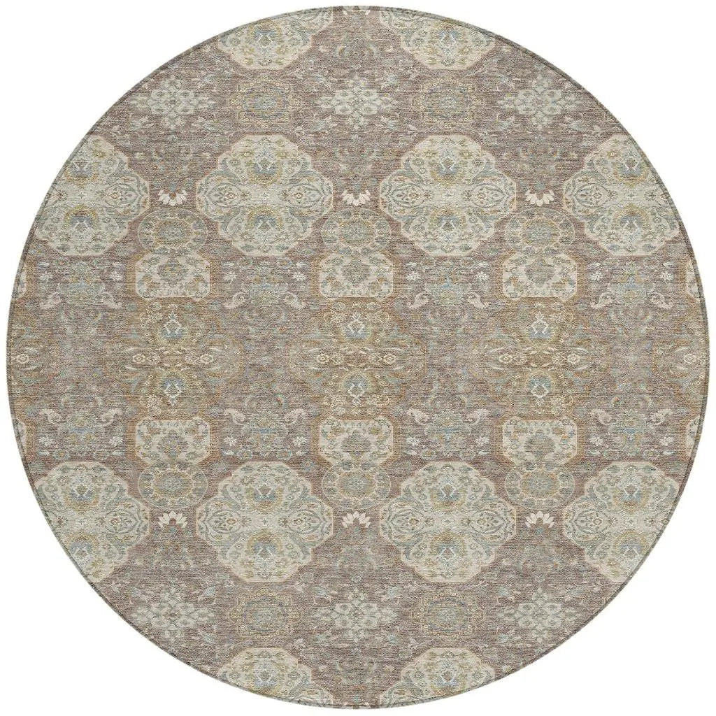 8' Brown And Copper Round Floral Washable Indoor Outdoor Area Rug Homeroots Outdoor