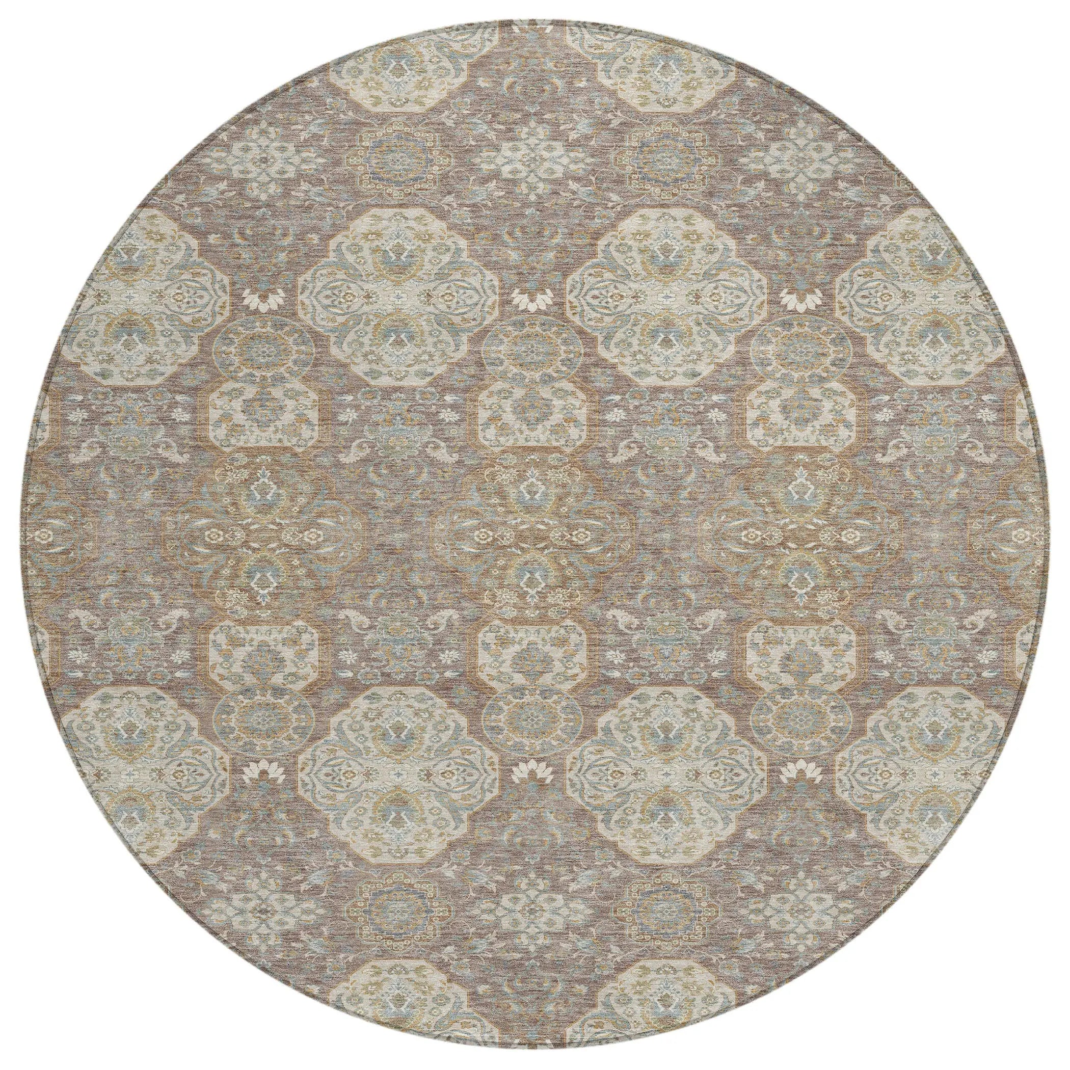 8' Brown And Copper Round Floral Washable Indoor Outdoor Area Rug Homeroots Outdoor