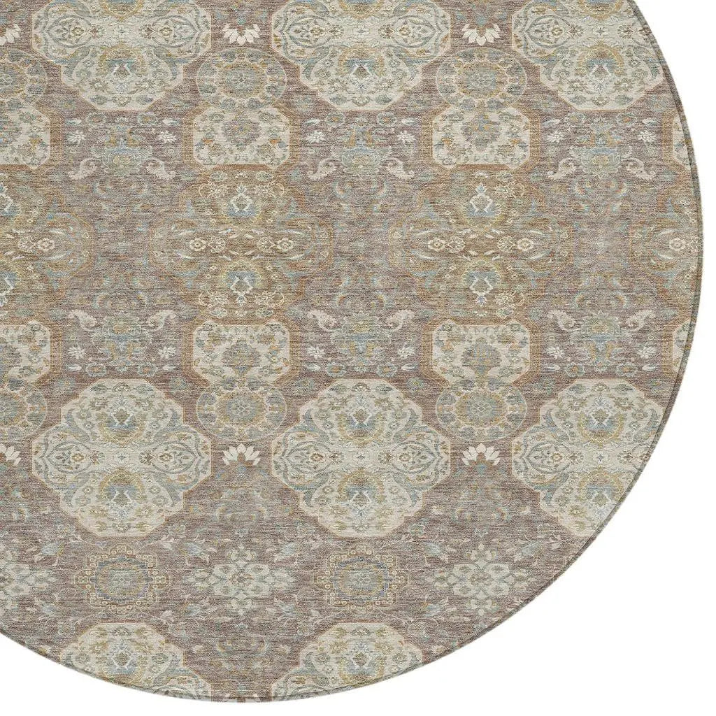 8' Brown And Copper Round Floral Washable Indoor Outdoor Area Rug Homeroots Outdoor