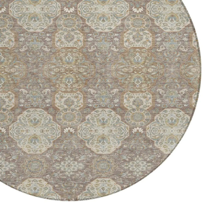 8' Brown And Copper Round Floral Washable Indoor Outdoor Area Rug Homeroots Outdoor