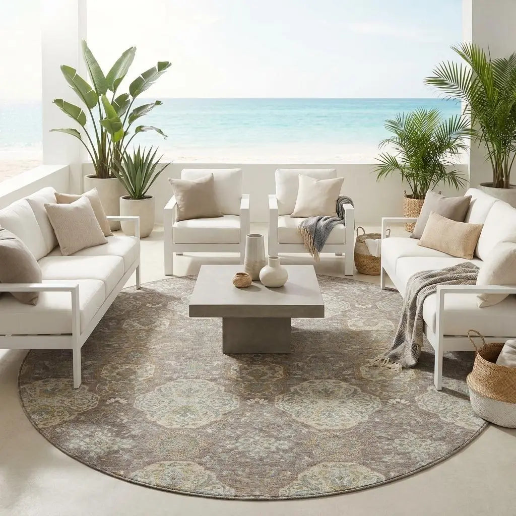 8' Brown And Copper Round Floral Washable Indoor Outdoor Area Rug Homeroots Outdoor