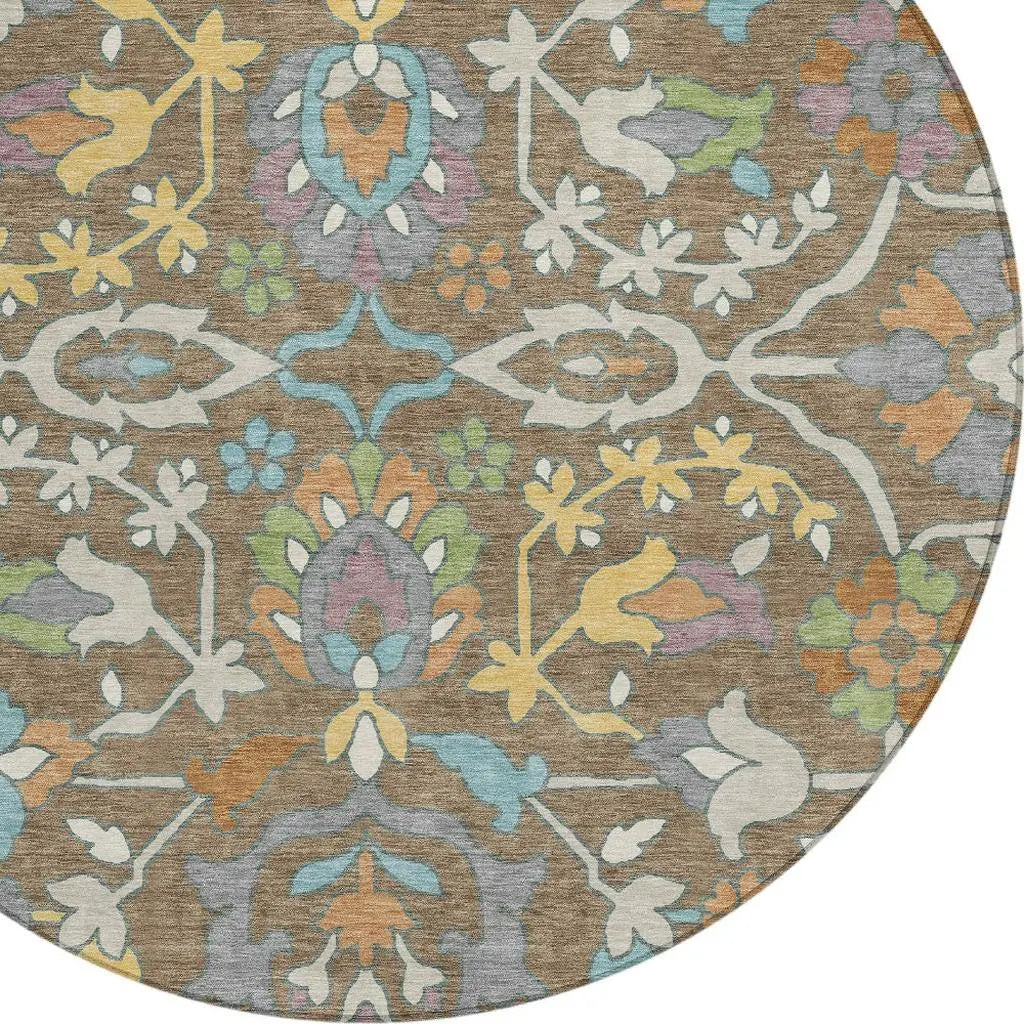 8' Brown And Copper Round Floral Washable Indoor Outdoor Area Rug Homeroots Outdoor