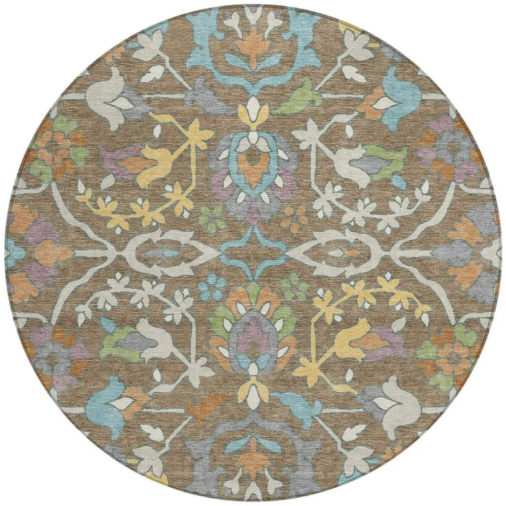 8' Brown And Copper Round Floral Washable Indoor Outdoor Area Rug Homeroots Outdoor