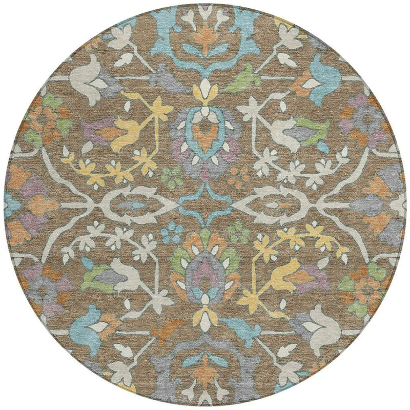 8' Brown And Copper Round Floral Washable Indoor Outdoor Area Rug Homeroots Outdoor