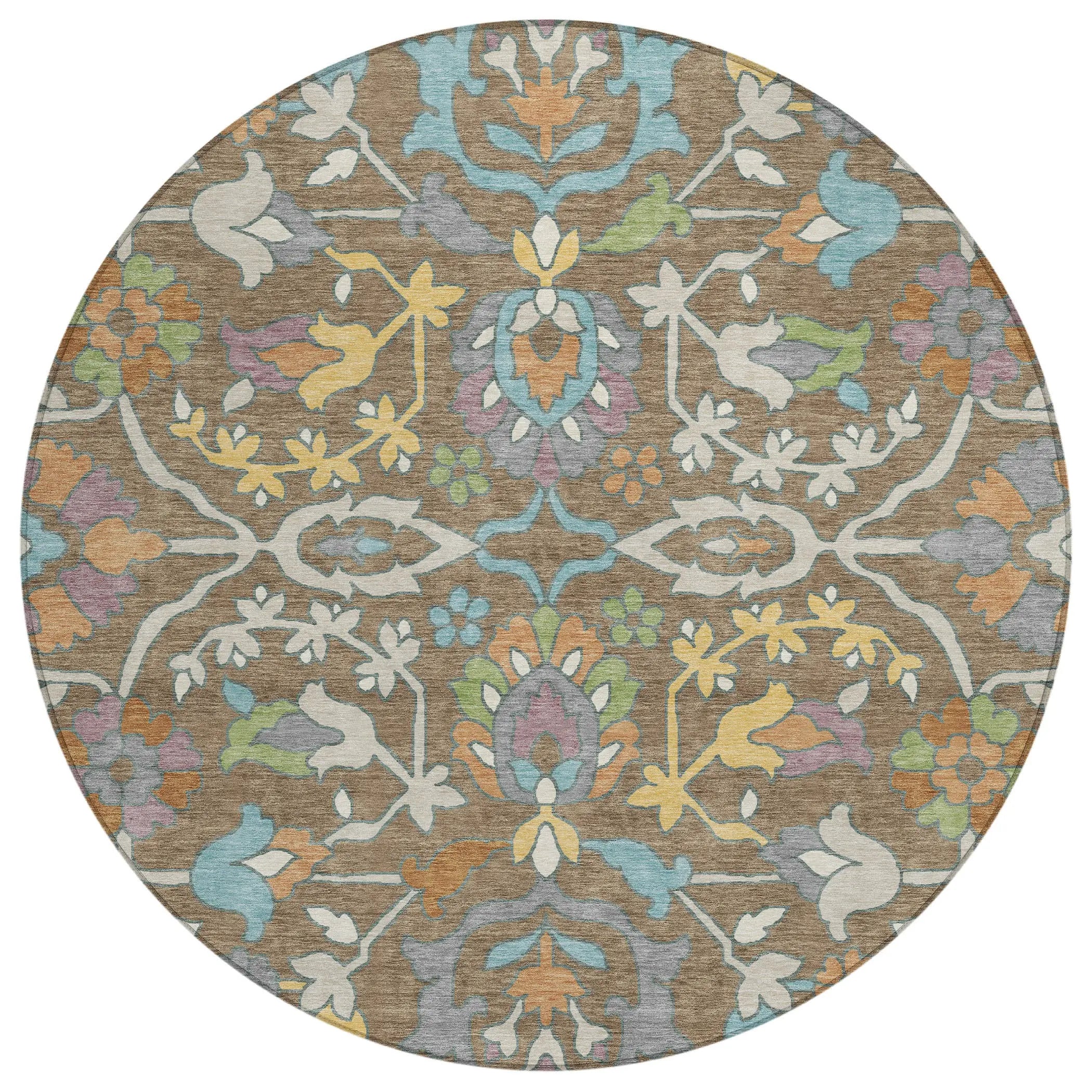 8' Brown And Copper Round Floral Washable Indoor Outdoor Area Rug Homeroots Outdoor