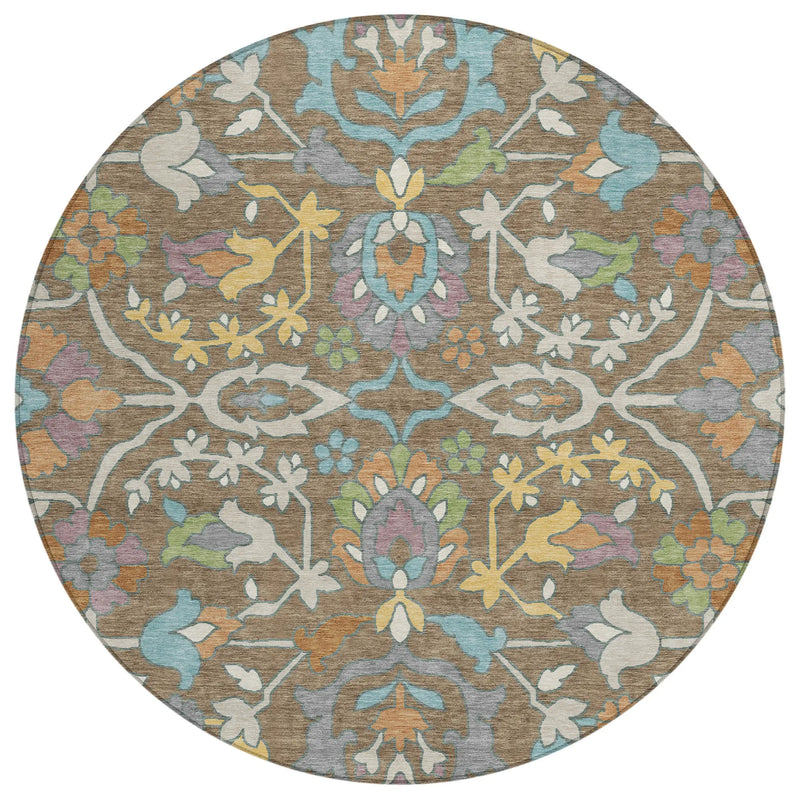 8' Brown And Copper Round Floral Washable Indoor Outdoor Area Rug Homeroots Outdoor