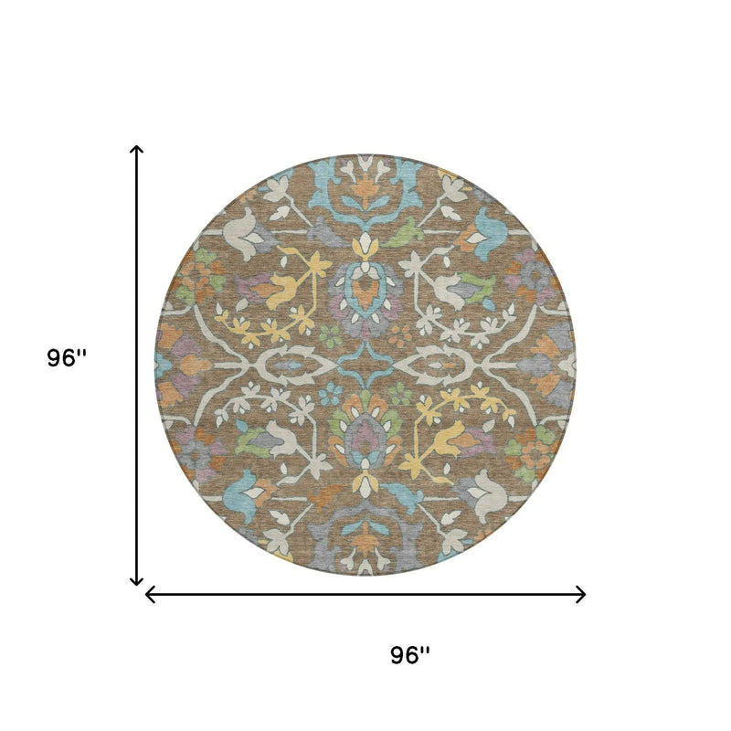 8' Brown And Copper Round Floral Washable Indoor Outdoor Area Rug Homeroots Outdoor