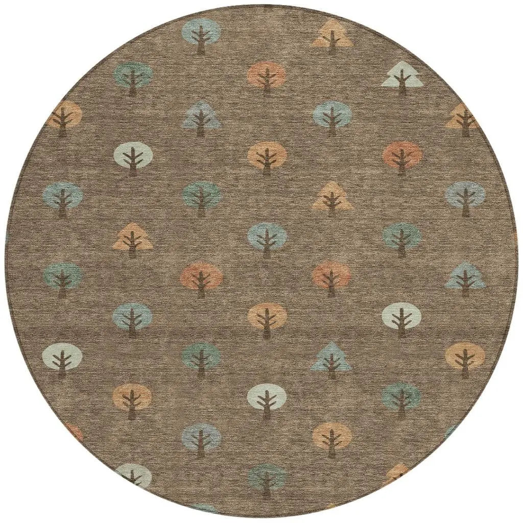 8' Brown And Copper Round Geometric Washable Indoor Outdoor Area Rug Homeroots Outdoor