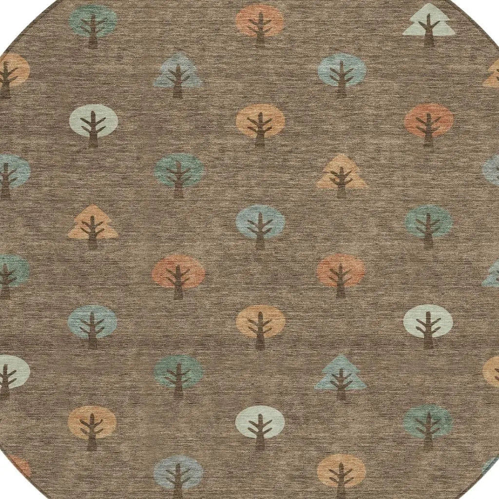 8' Brown And Copper Round Geometric Washable Indoor Outdoor Area Rug Homeroots Outdoor