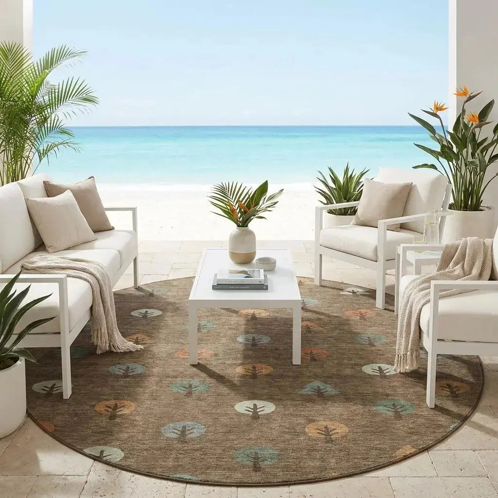 8' Brown And Copper Round Geometric Washable Indoor Outdoor Area Rug Homeroots Outdoor