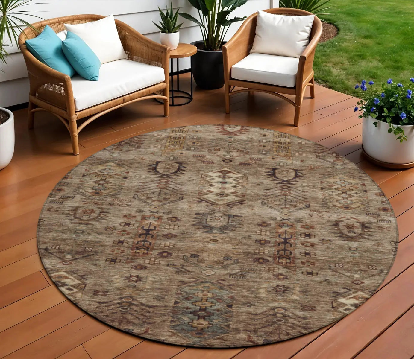 8' Brown And Copper Round Tribal Washable Indoor Outdoor Area Rug - GreatEagleInc