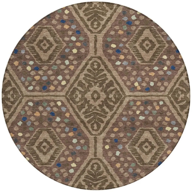 8' Brown And Copper Round Tribal Washable Indoor Outdoor Area Rug Homeroots Outdoor