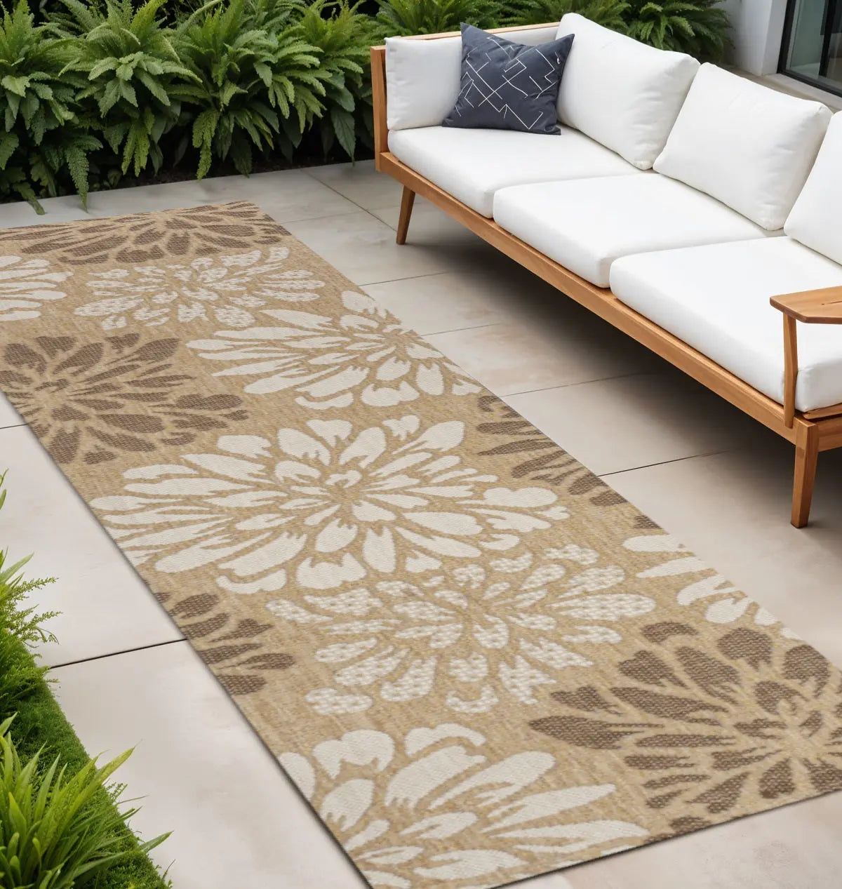 8' Brown And Cream Floral Indoor Outdoor Runner Rug Homeroots Outdoor