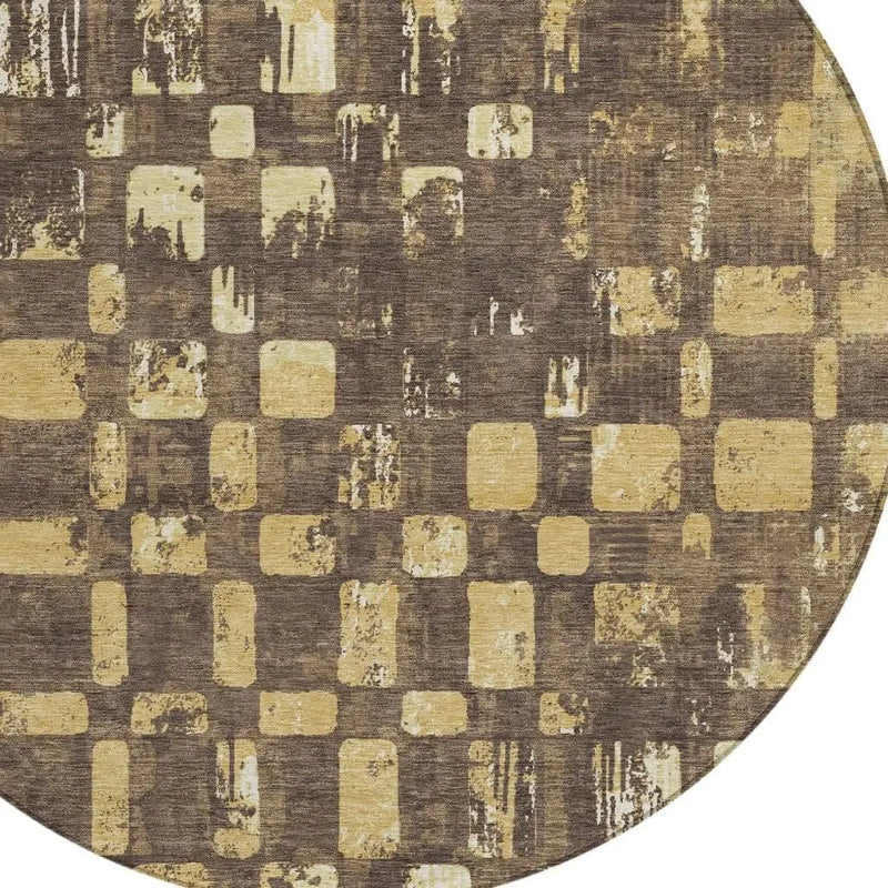 8' Brown And Gold Round Abstract Washable Indoor Outdoor Area Rug Homeroots Outdoor