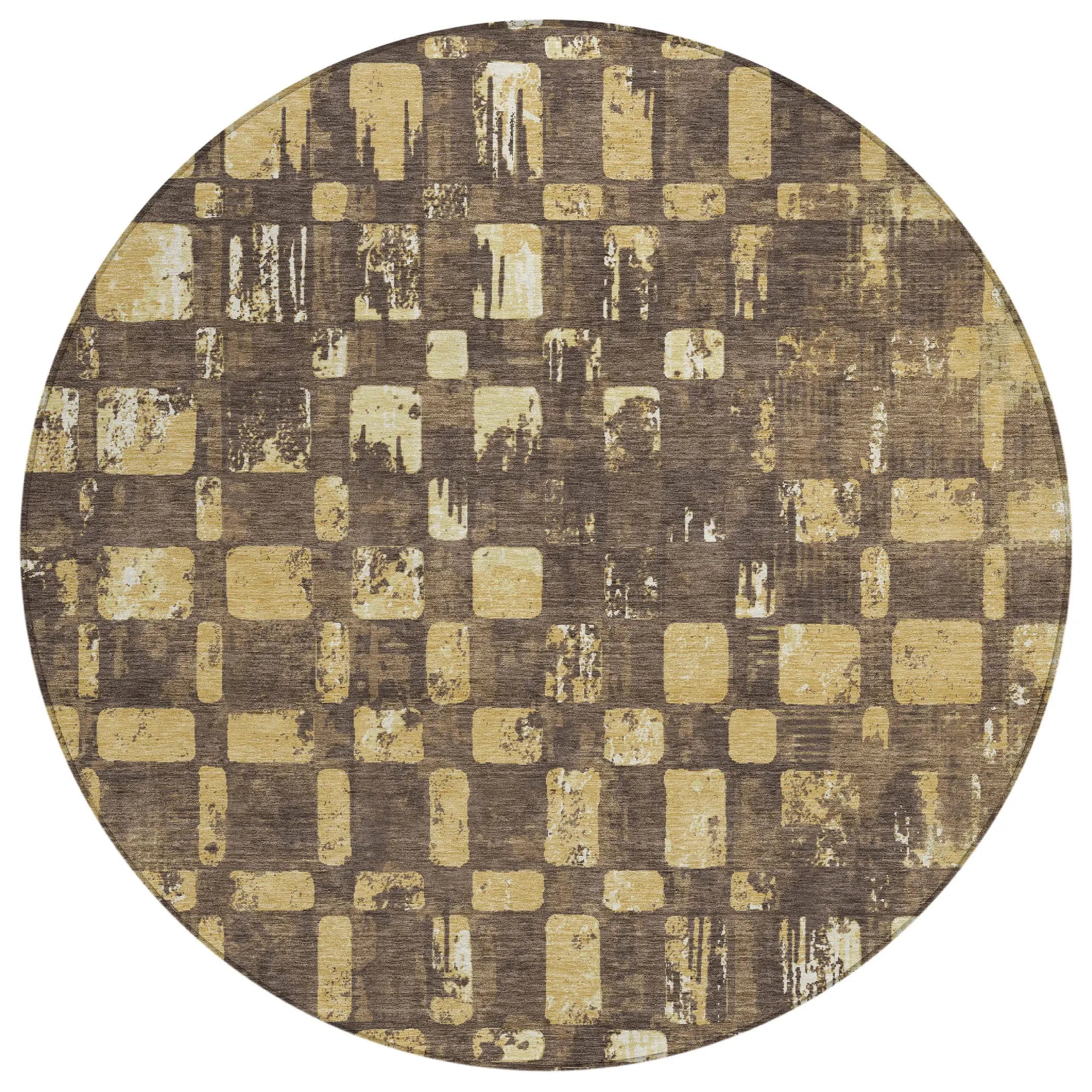 8' Brown And Gold Round Abstract Washable Indoor Outdoor Area Rug Homeroots Outdoor