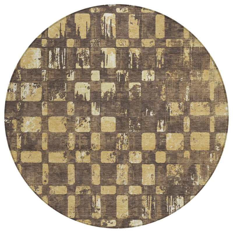 8' Brown And Gold Round Abstract Washable Indoor Outdoor Area Rug Homeroots Outdoor