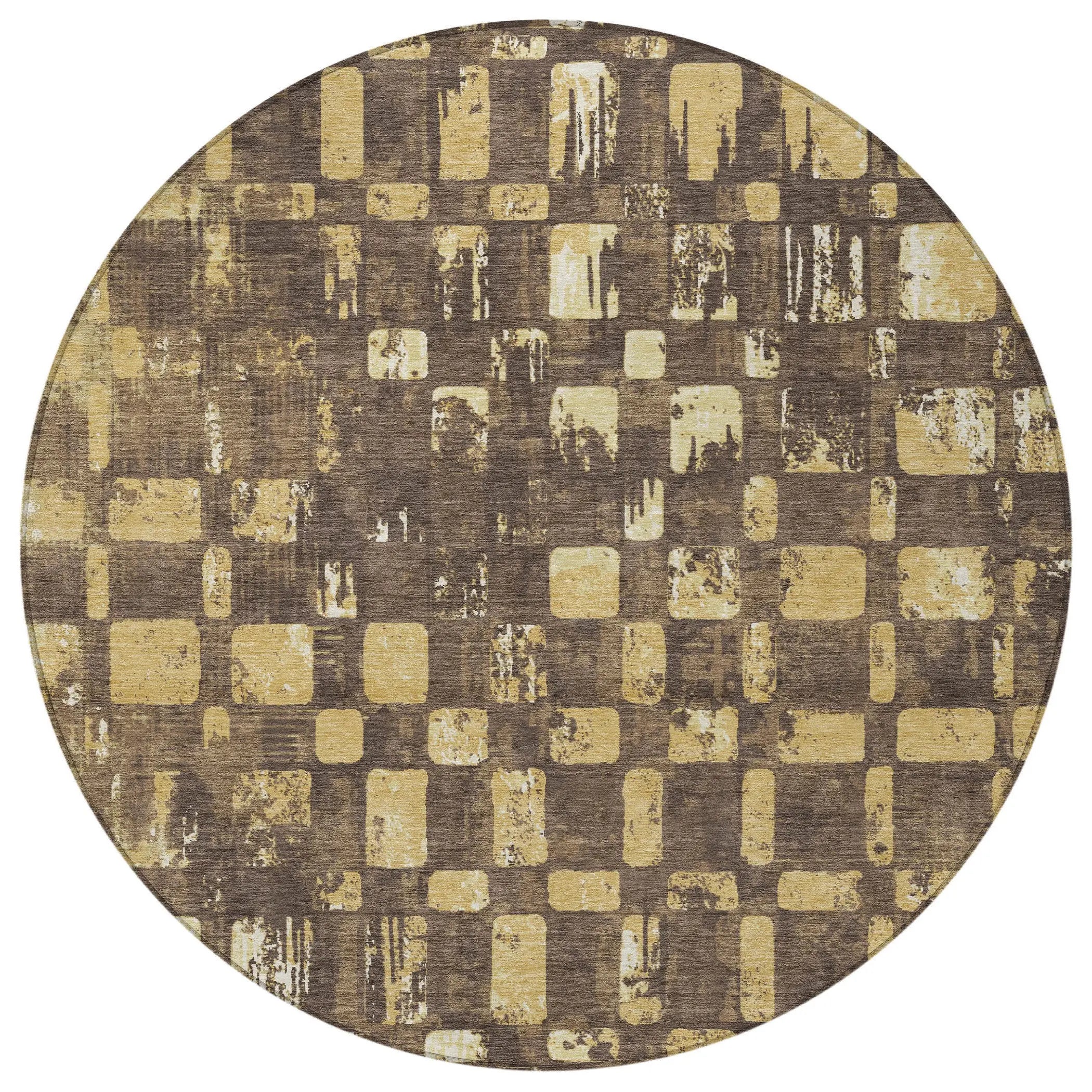 8' Brown And Gold Round Abstract Washable Indoor Outdoor Area Rug Homeroots Outdoor