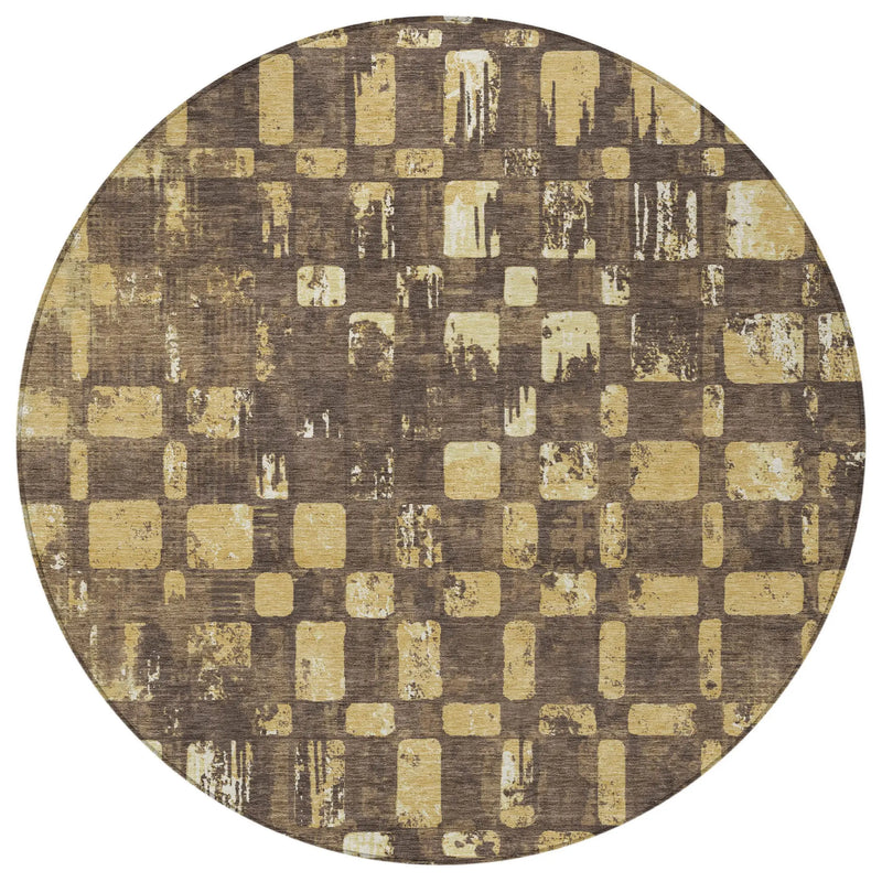 8' Brown And Gold Round Abstract Washable Indoor Outdoor Area Rug Homeroots Outdoor