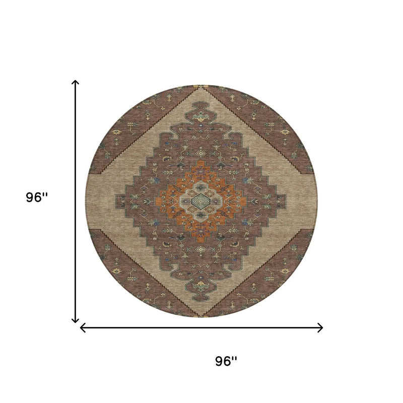 8' Brown And Gold Round Geometric Washable Indoor Outdoor Area Rug Homeroots Outdoor